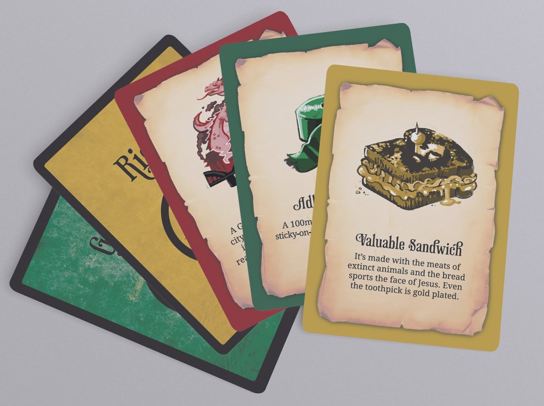 A fan of Rogues to Riches cards, including the Valuable Sandwich